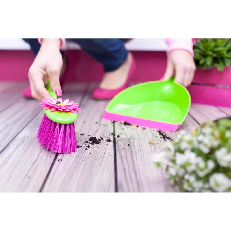 Vigar Flower Power Dust Pan and Brush Handy Set, 12-3/4-Inches, Green, Pink - Image 2